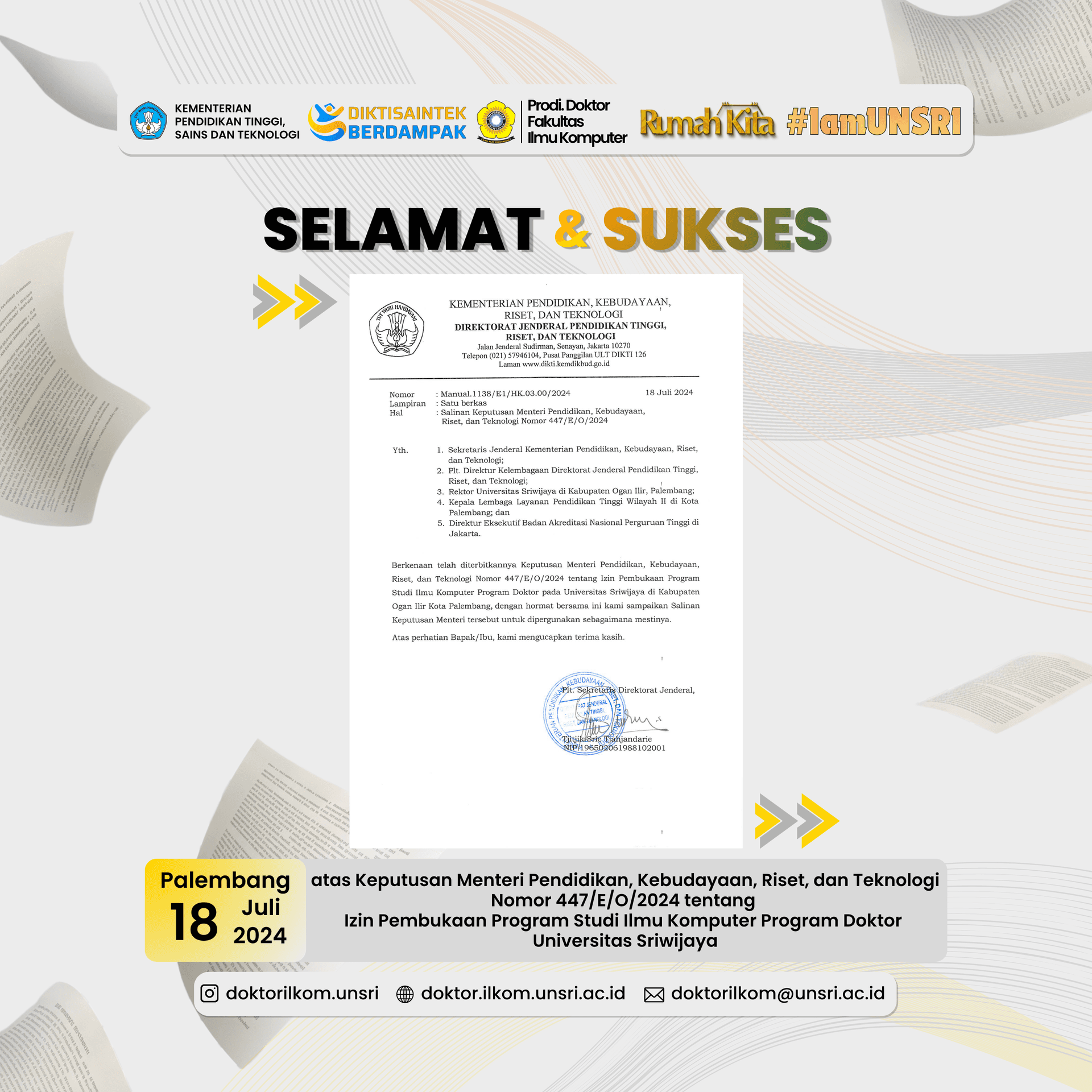 Universitas Sriwijaya Resmi Membuka Program Doktor Ilmu Komputer Berdasarkan SK Kemendikbudristek