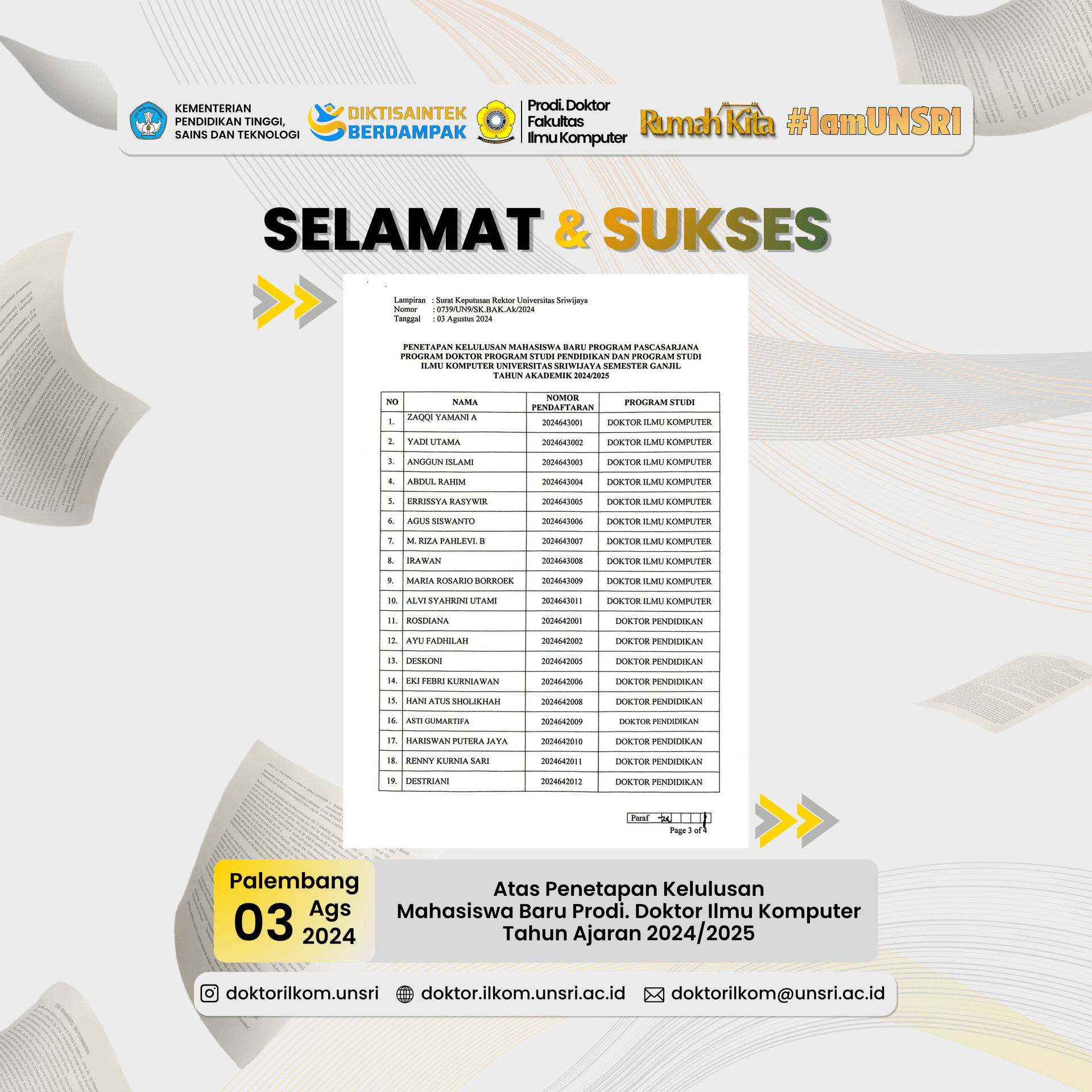 Sriwijaya University Officially Admits 10 Students to the First Cohort of Its Doctoral Program in Computer Science