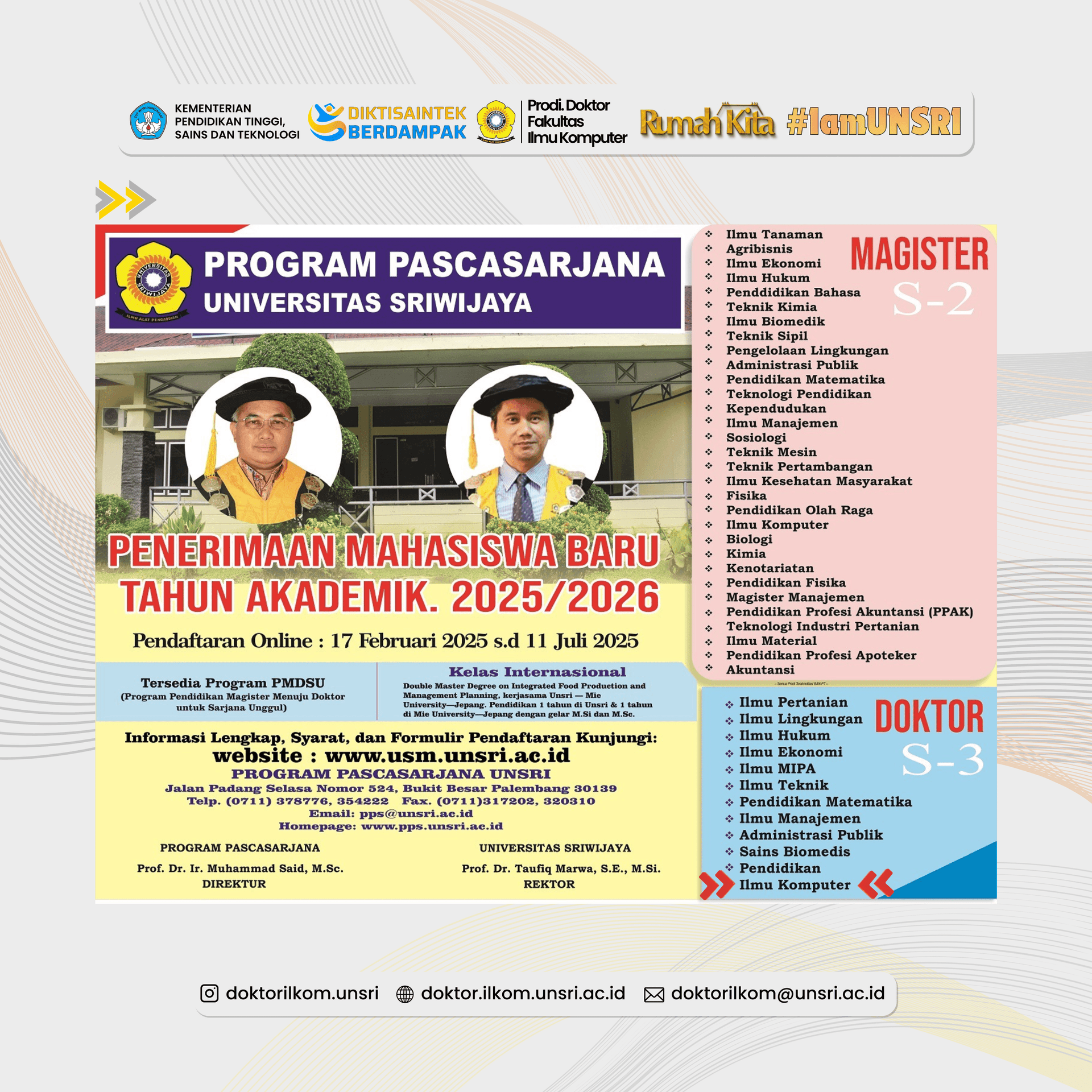 Registration for New Students in the Doctoral Program (S3) in Computer Science at Sriwijaya University for the 2025/2026 Academic Year Is Now Officially Open