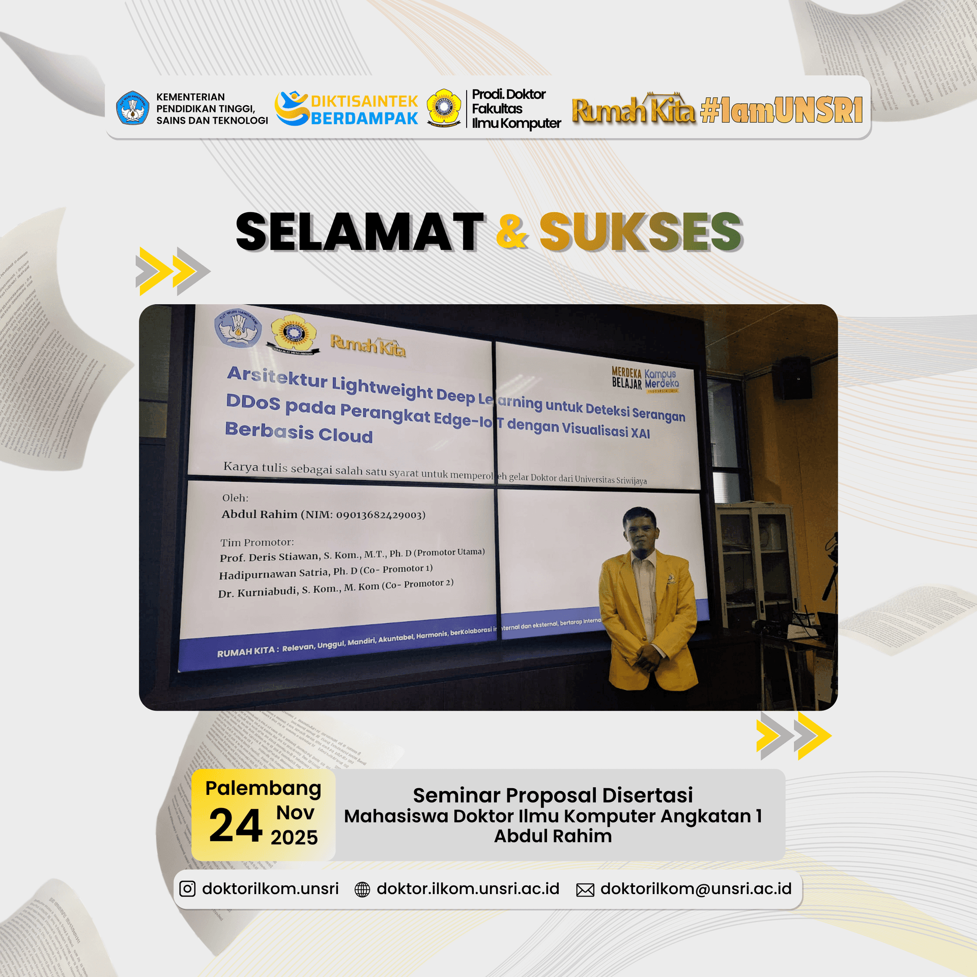 Mahasiswa Doktor Ilkom UNSRI Kembangkan Arsitektur AI untuk Deteksi Serangan DDoS pada Edge-IoT dalam Seminar Proposal Disertasi