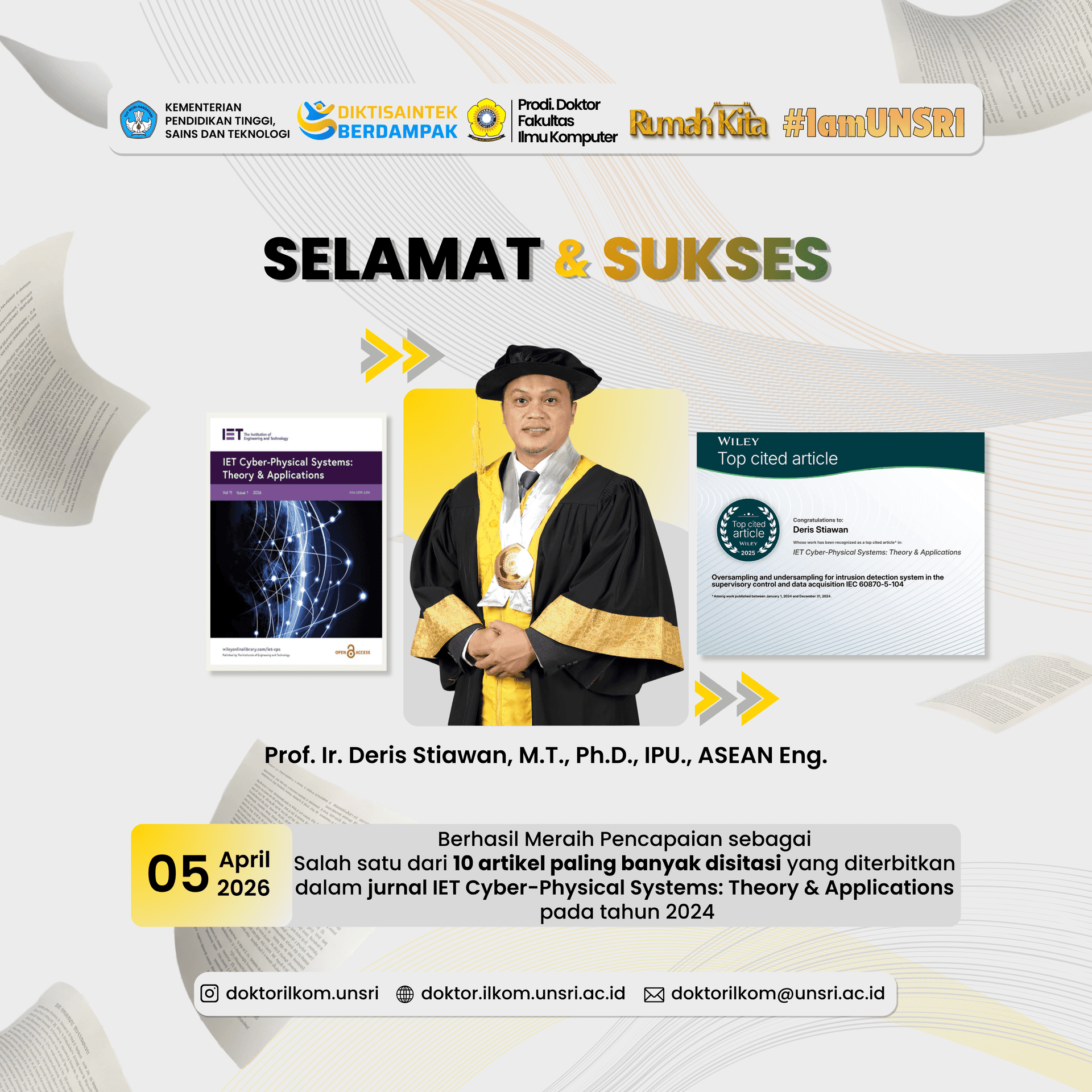 Dedikasi dan Inovasi: Prof. Ir. Deris Stiawan, M.T., Ph.D. Raih Top 10 Most-Cited Article oleh Wiley