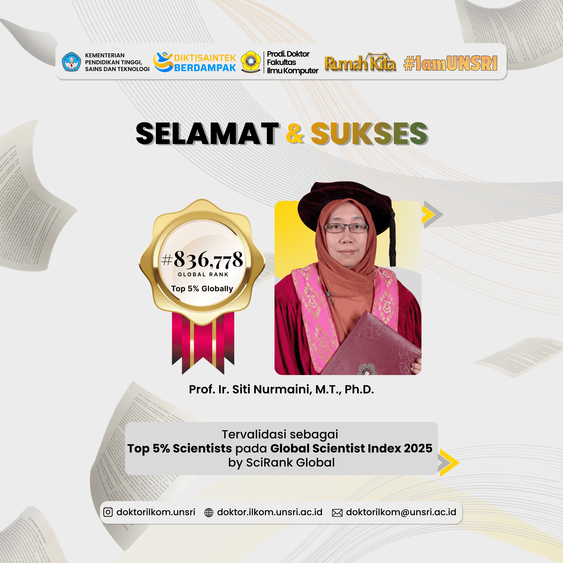 Prof. Ir. Siti Nurmaini, Ph.D. Raih Predikat Top 5% Scientists pada Global Scientist Index 2025