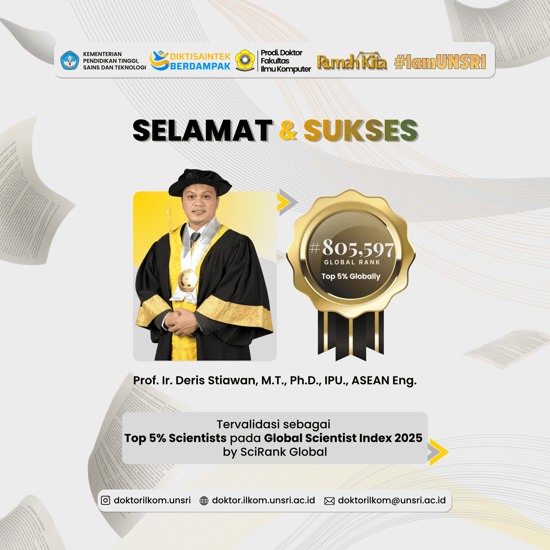 Prof. Ir. Deris Stiawan, Ph.D., Named Among the Top 5% of Scientists on the 2025 Global Scientist Index